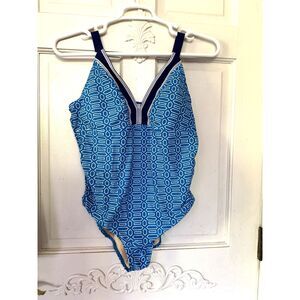 Talbots One-Piece Swimsuit | Size L | Blue Geometric Print | UPF 50+